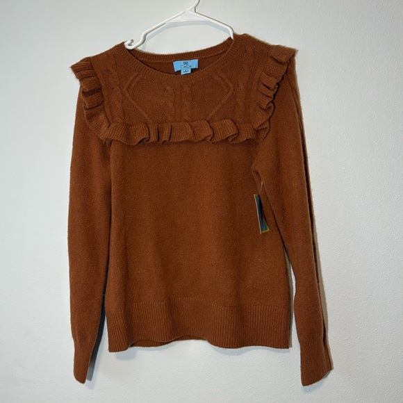 CeCe Sweaters - New Cece Burnt Orange Cable Knot Ruffle Sweater Women’s Size Small